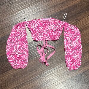 SHEIN Pink White Patterned Off-Shoulder Crop Top with Tie